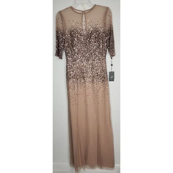 adrianna papell rose gold beaded dress Adrianna Papell Illusion Crew Neck Sleeveless Beaded Sequined Sheath Zipper  Back Godet Mesh Dress